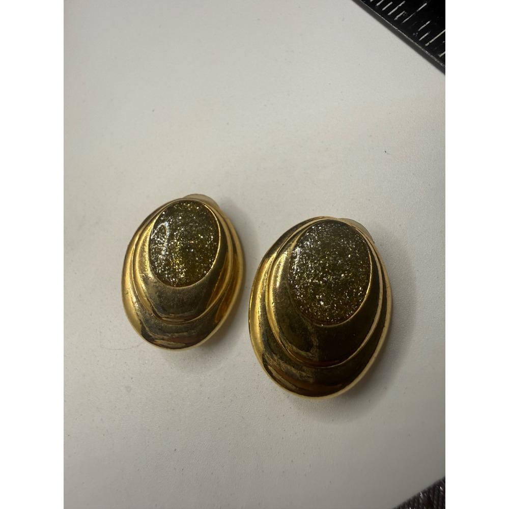 Vintage Gold Tone Oval Glitter Resin Statement Clip On Earrings Retro Jewelry